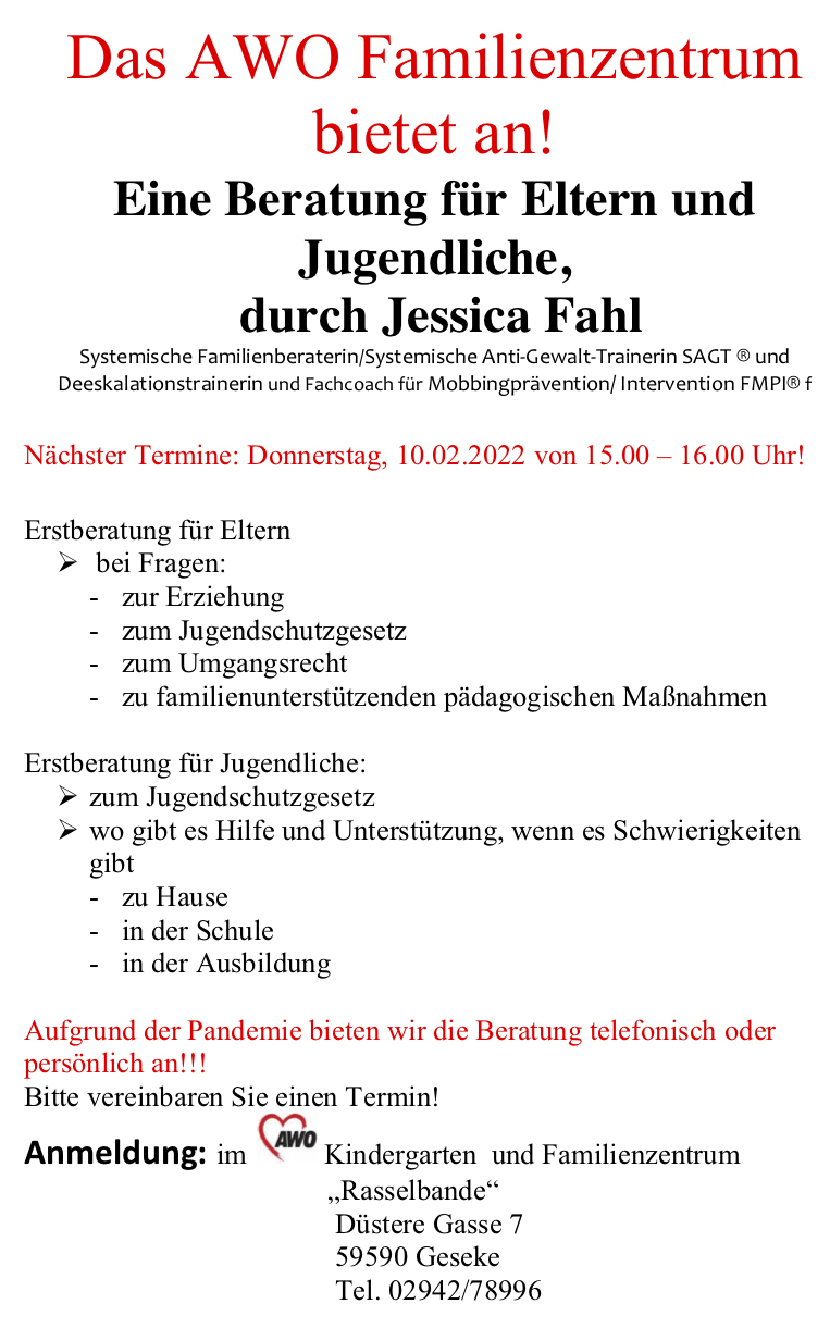 Beratung für Eltern und Jugendliche durch Jessica Fahl am 10.02.2022 von 15.00 - 16 Uhr